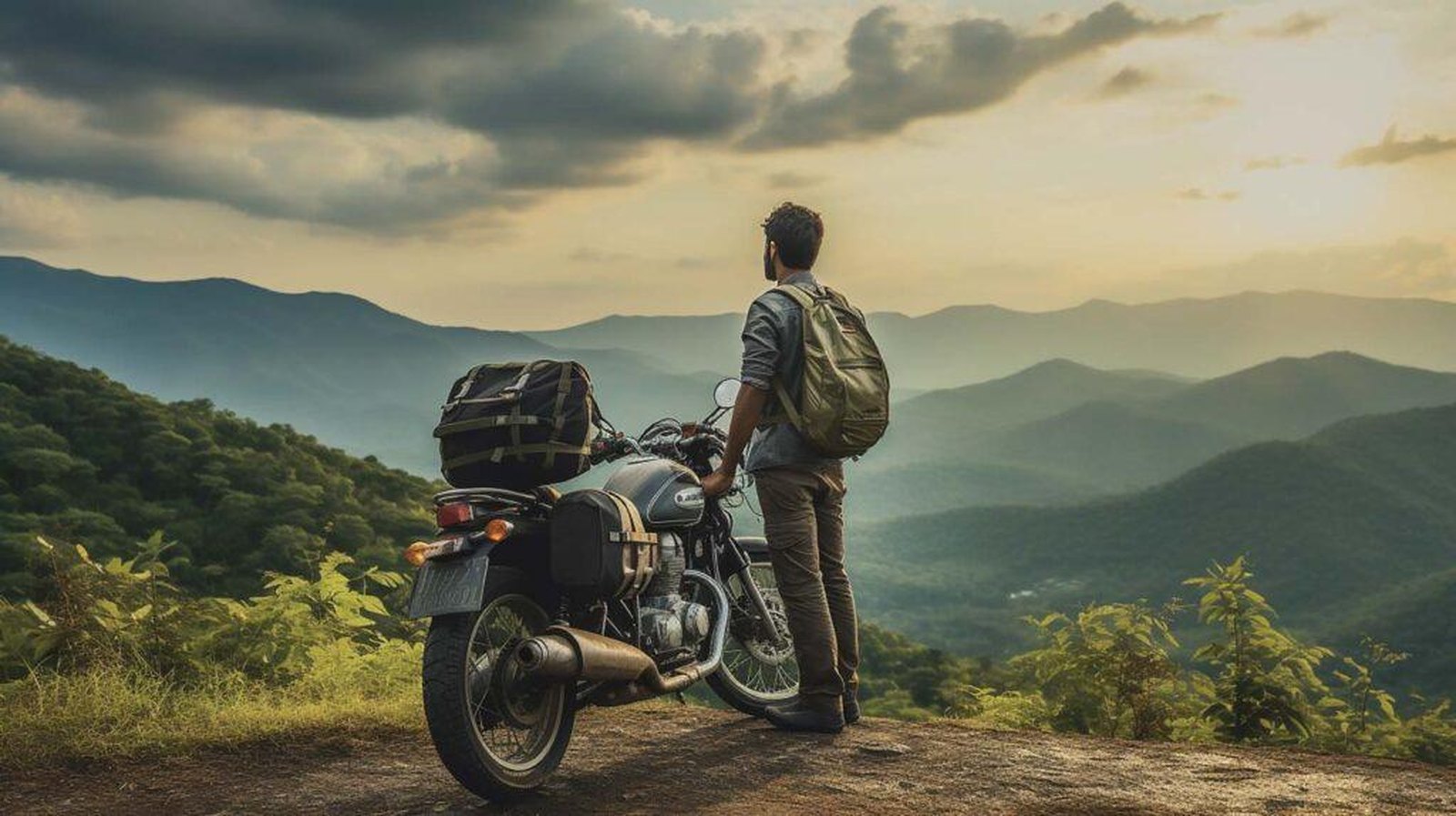 A rider looking out over the hills beside a loaded motorcycle